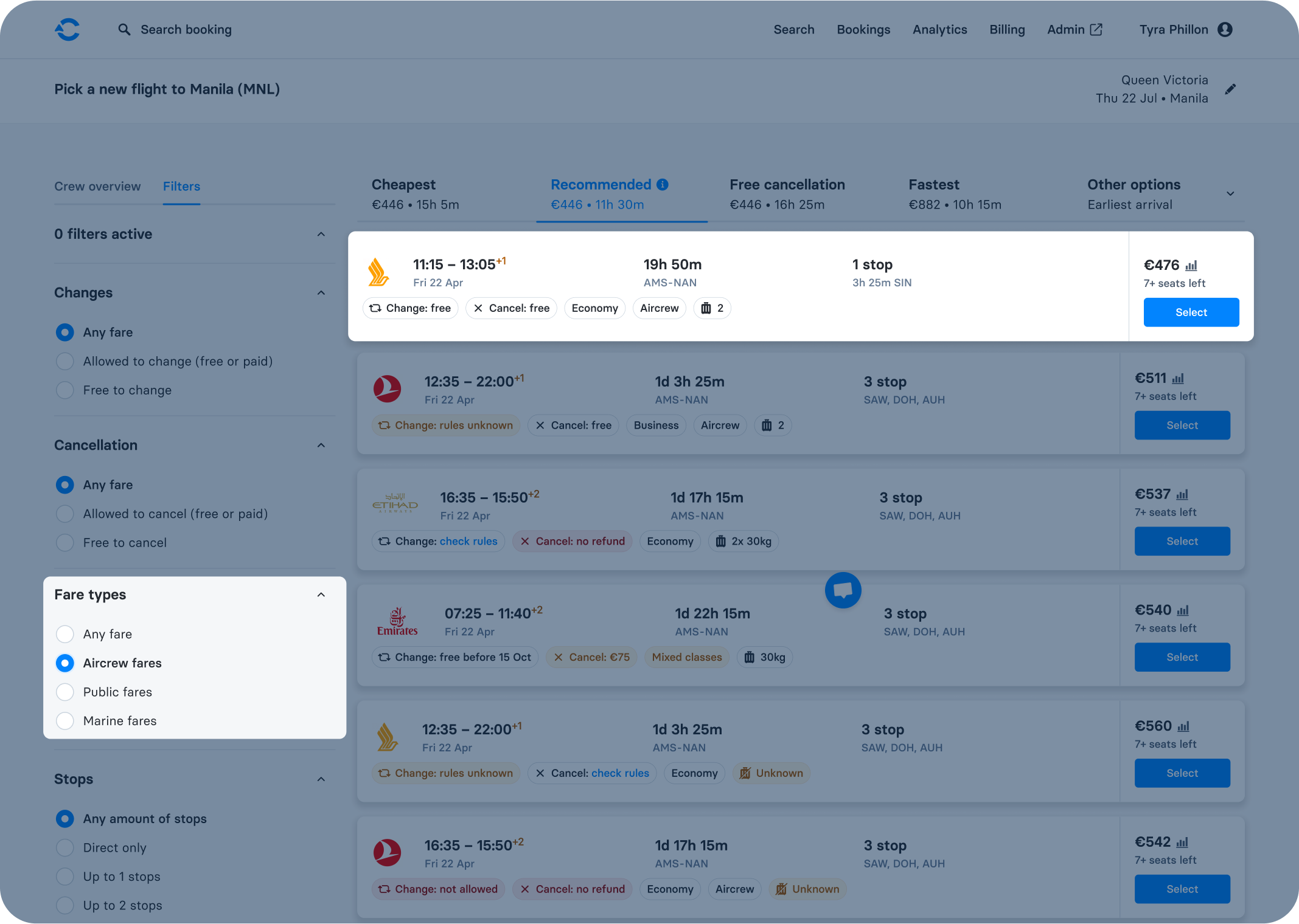 Change & cancel aircrew positioning flights instantly